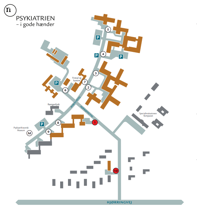 Billedet viser et kort over Psykiatriens matrikel i Brønderslev. Man finder Café Grøn ved Indgang 10 på Hermesvej 2. Når man kommer ind fra Hjørringvej, ligger cafeen i den første bygning til venstre. 